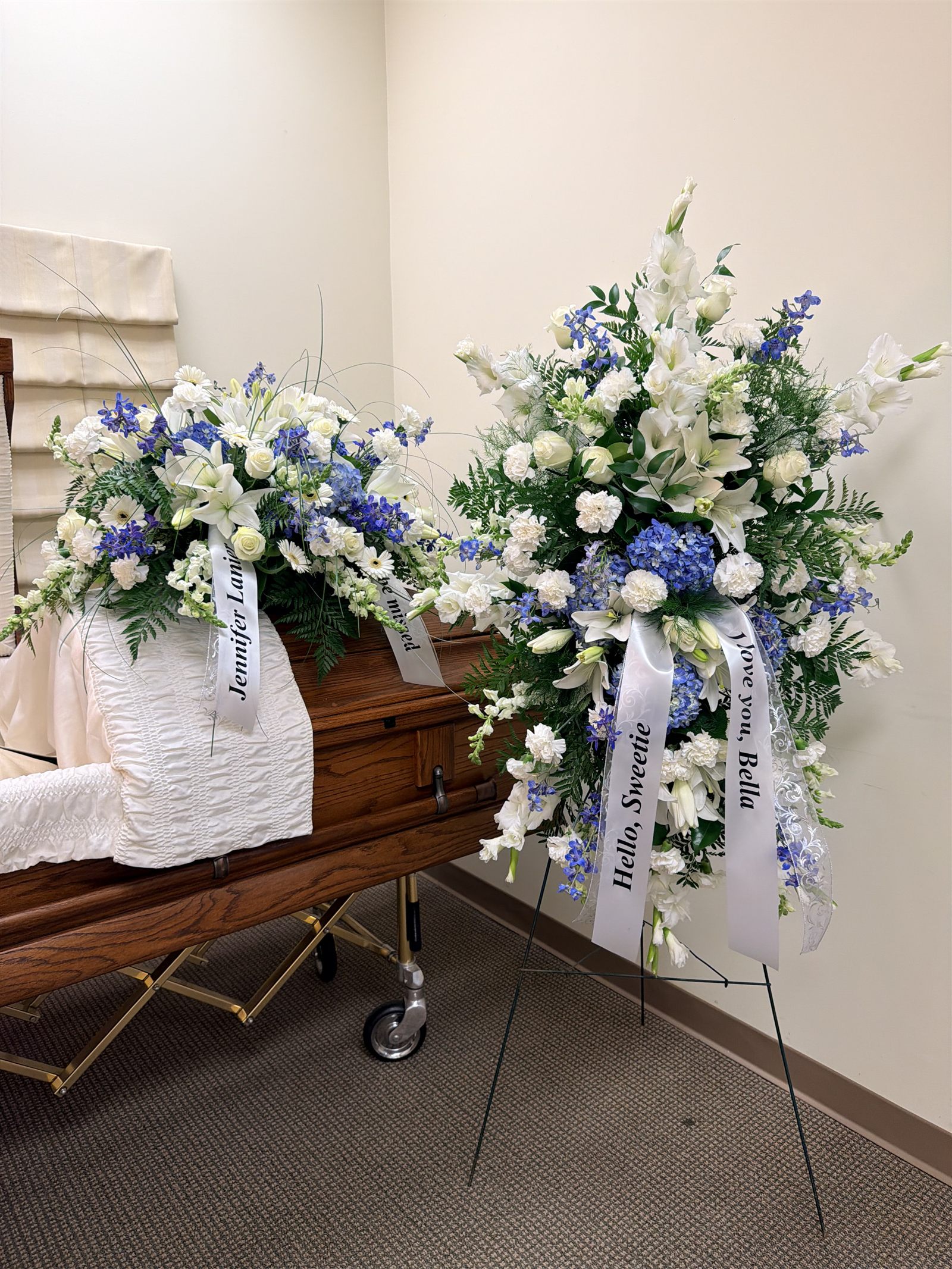 Casket spray and standing spray placed at a funeral home Vancouver WA