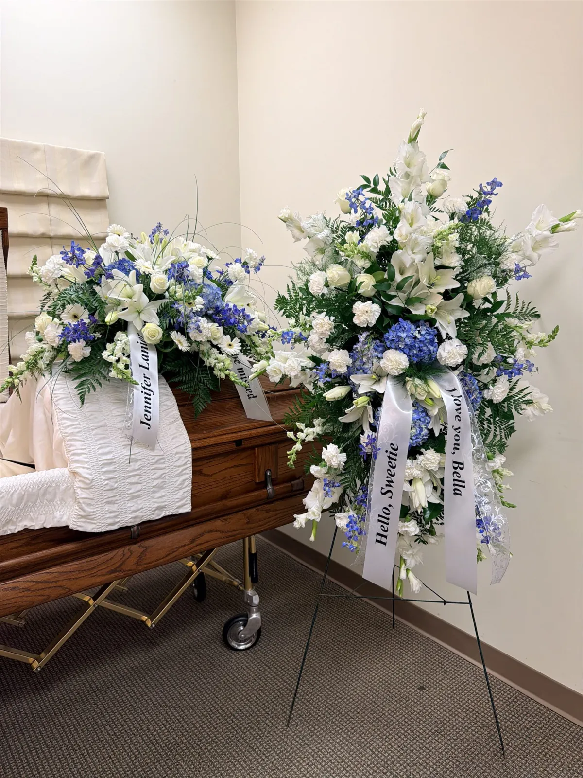 Casket spray and standing spray placed at a funeral home Vancouver WA