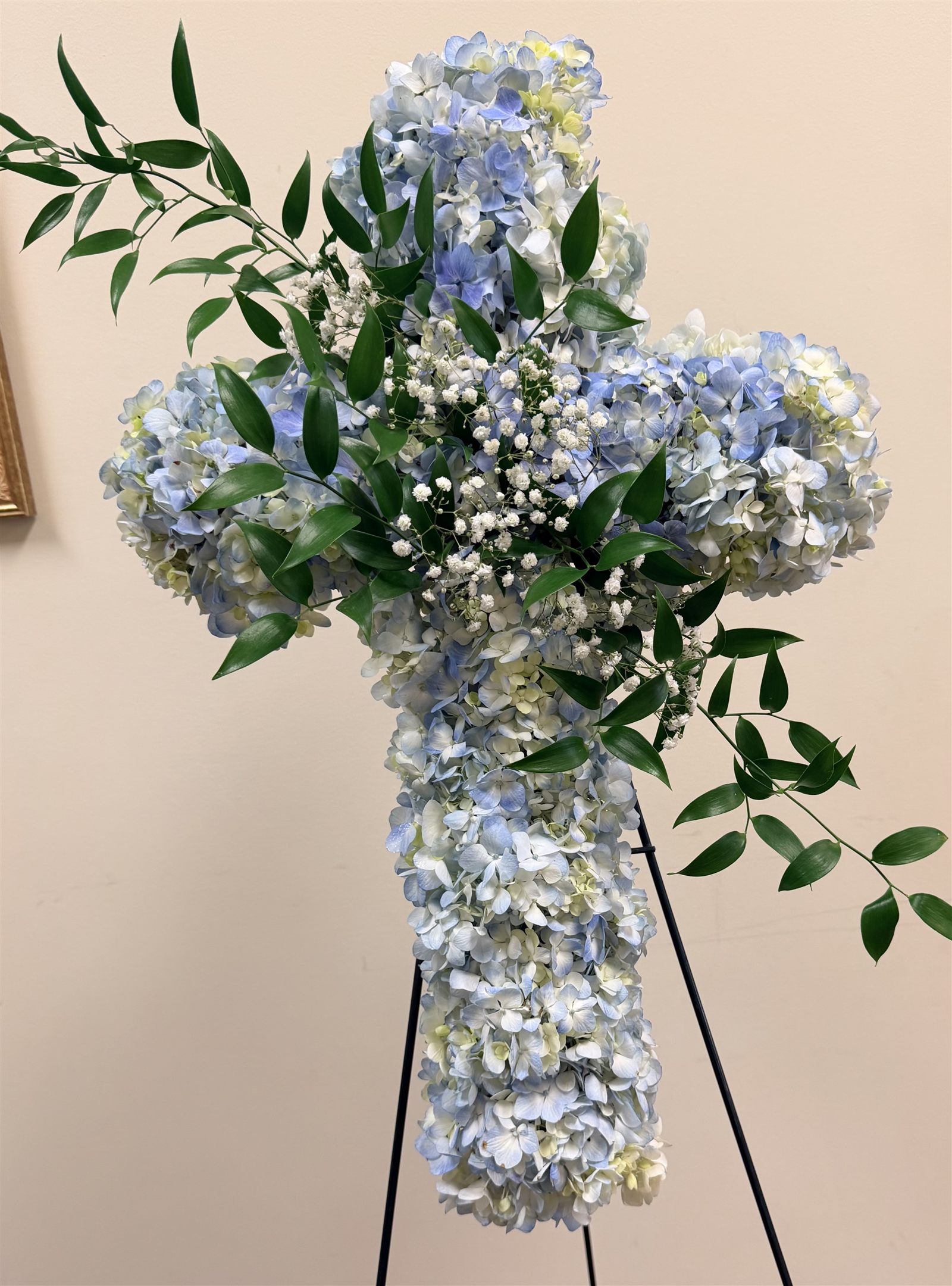 Blue hydrangea flower cross for funeral service Vancouver WA