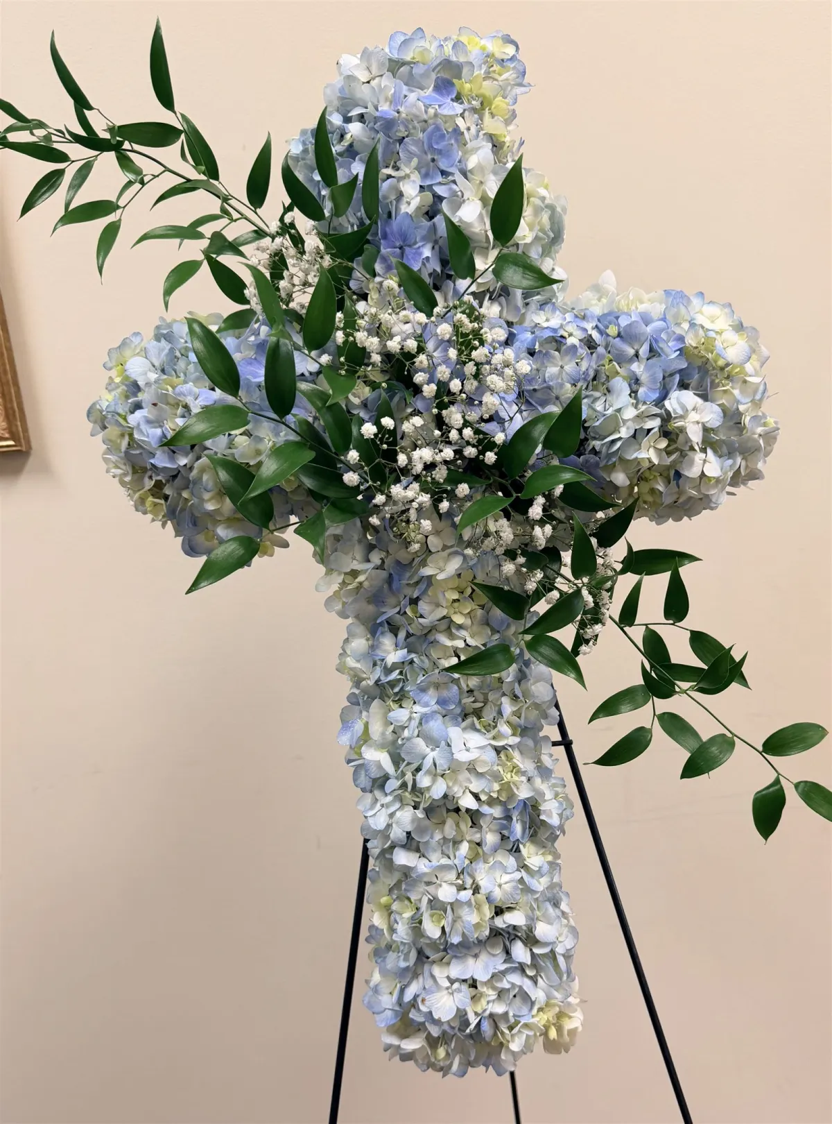 Blue hydrangea flower cross for funeral service Vancouver WA